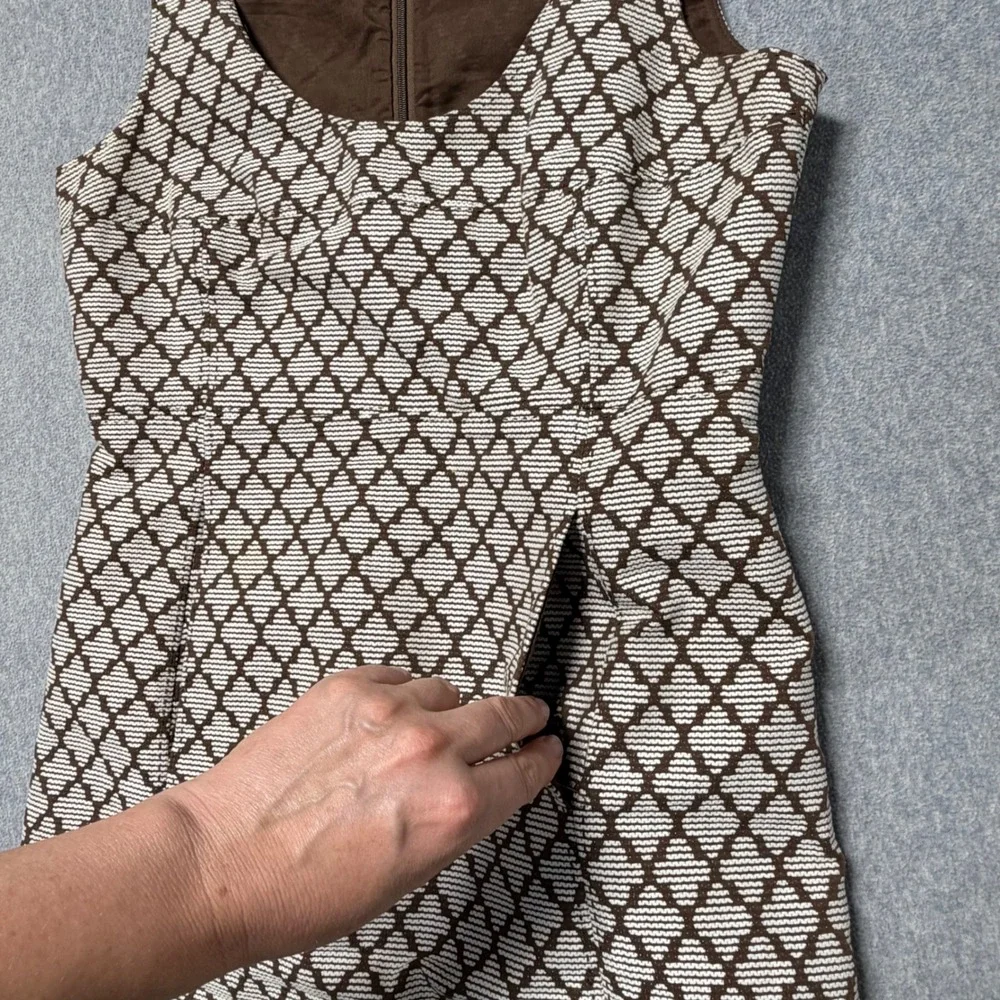Tory Burch Brown White Geometric Diamond Cotton Shift Dress Pockets Womens 6